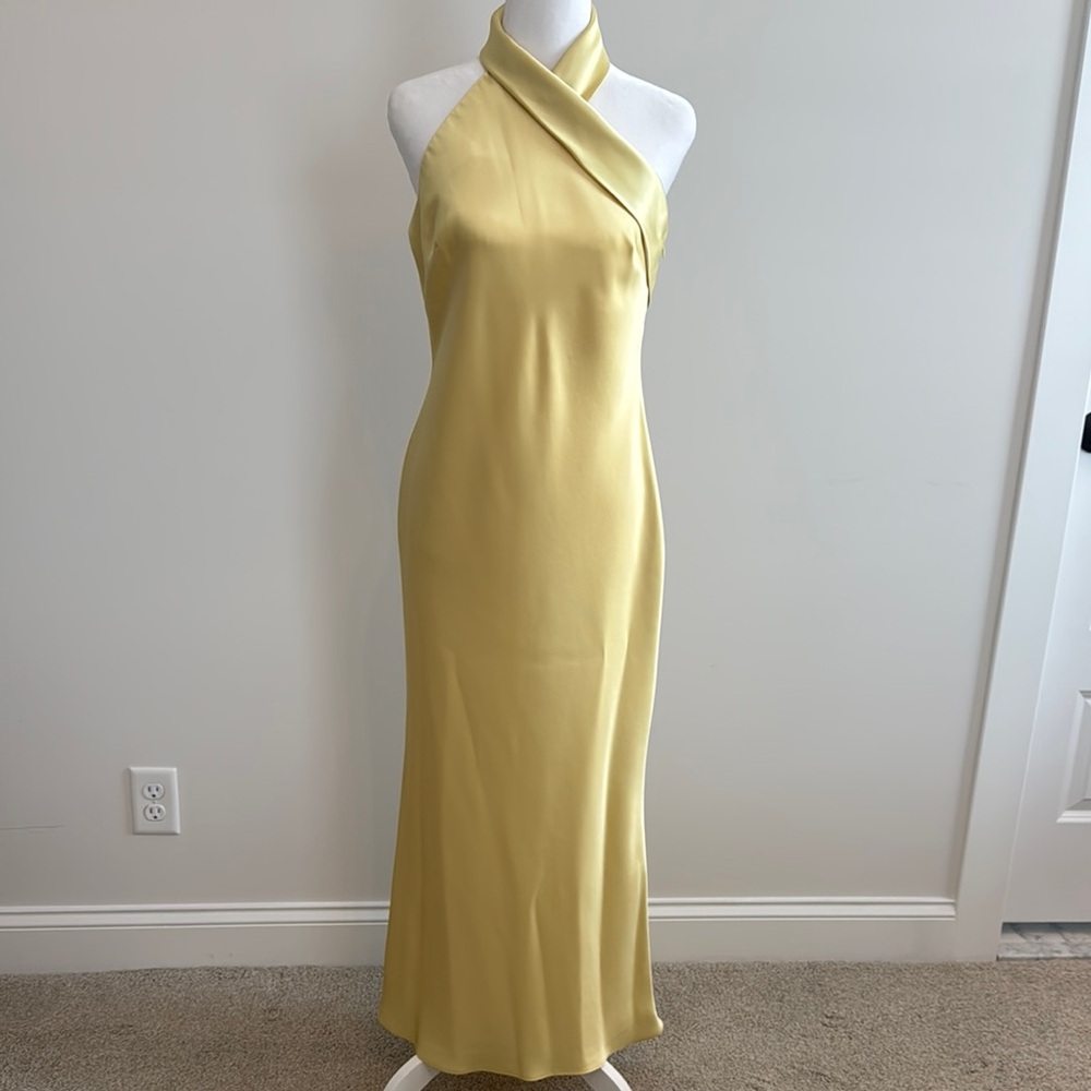slim fit dress slacks Yellow Satin Sheath Halter Ruched Long Prom Dresses, PL658 main image 1